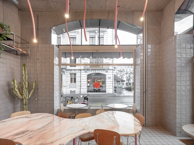 Sawerdō Coffee & Bakery / BUREAU (Daniel Zamarbide, Carine Pimenta, Galliane Zamarbide) - Interior Photography, Coffee Shop Interiors, Kitchen, Beam, Table, Chair, Lighting